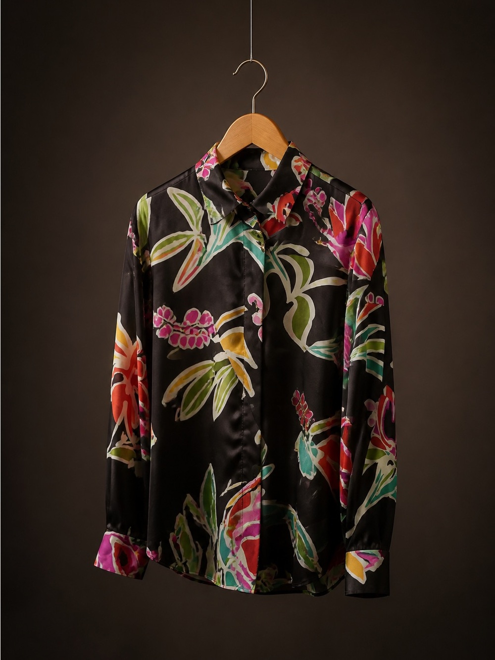 Zara Black Floral Satin Button-Down Shirt with Multicolor Blooms